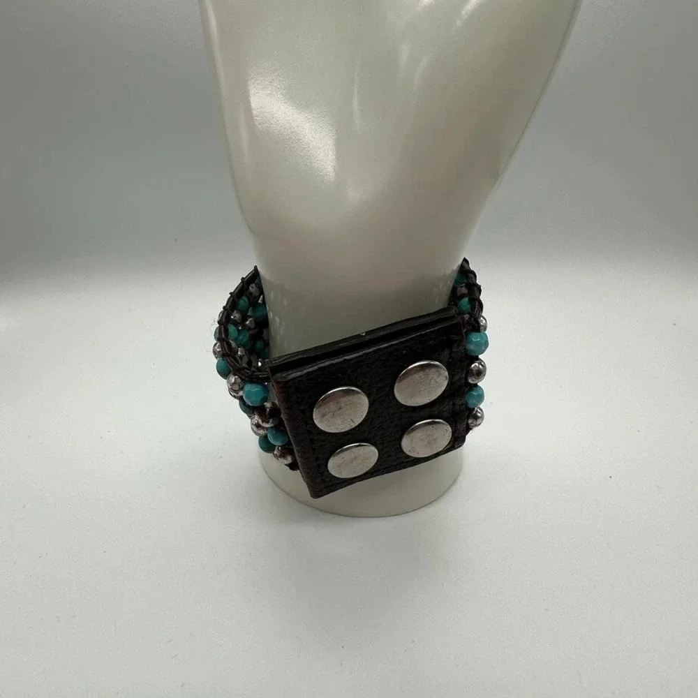 Fik Yung Boho Turquoise‎ Silver Tone Beaded Wrap Bracelet Brown Leather Snap